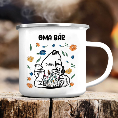 Personalisierte 5 Namen & Text Bären-Emaille Tasse - Geschenk zum Großelterntag für Oma Großmutter