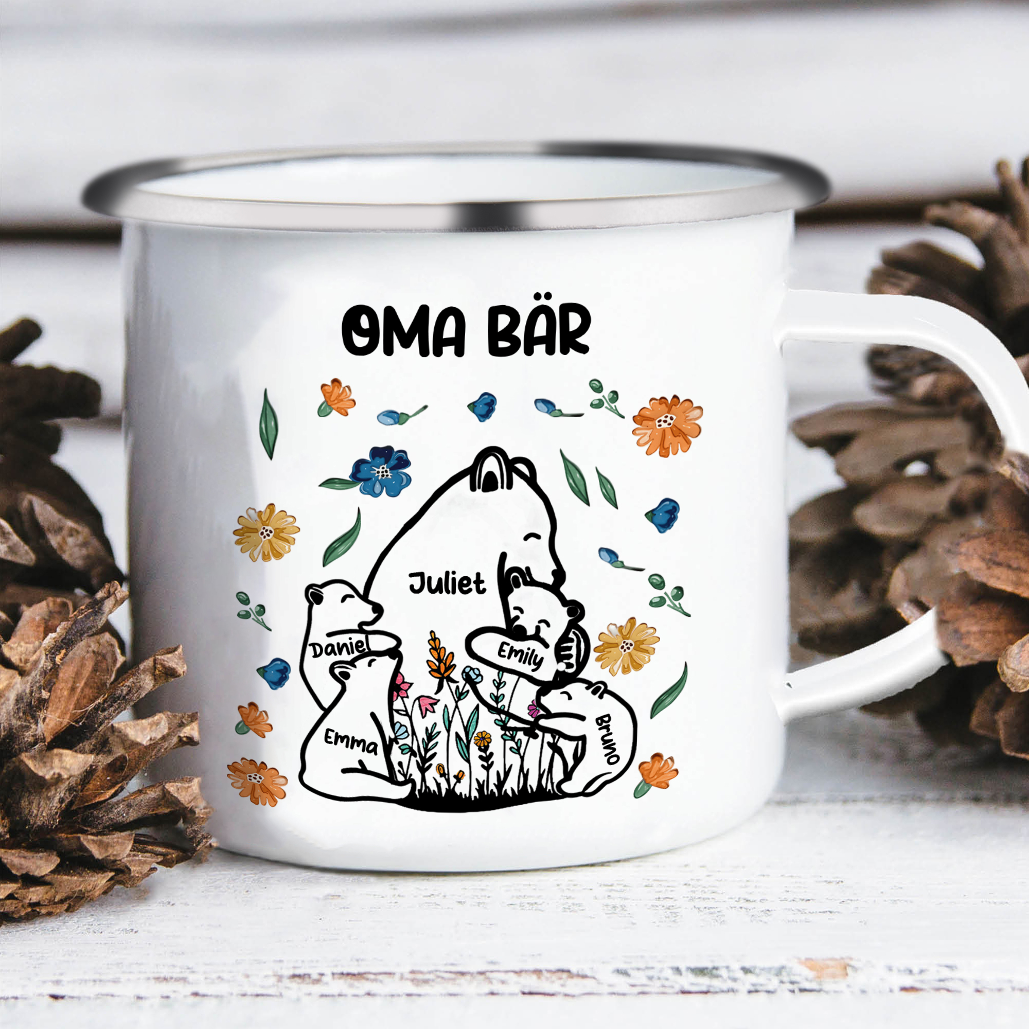 Personalisierte 5 Namen & Text Bären-Emaille Tasse - Geschenk zum Großelterntag für Oma Großmutter