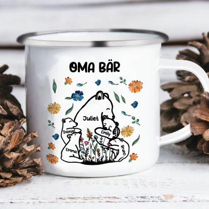 Personalisierte 5 Namen & Text Bären-Emaille Tasse - Geschenk zum Großelterntag für Oma Großmutter