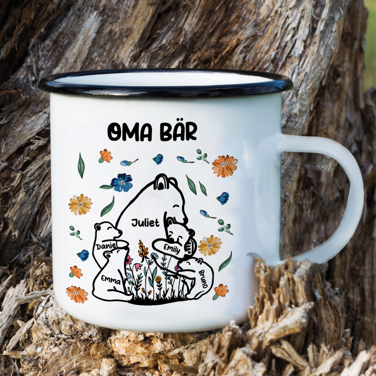 Personalisierte 5 Namen & Text Bären-Emaille Tasse - Geschenk zum Großelterntag für Oma Großmutter