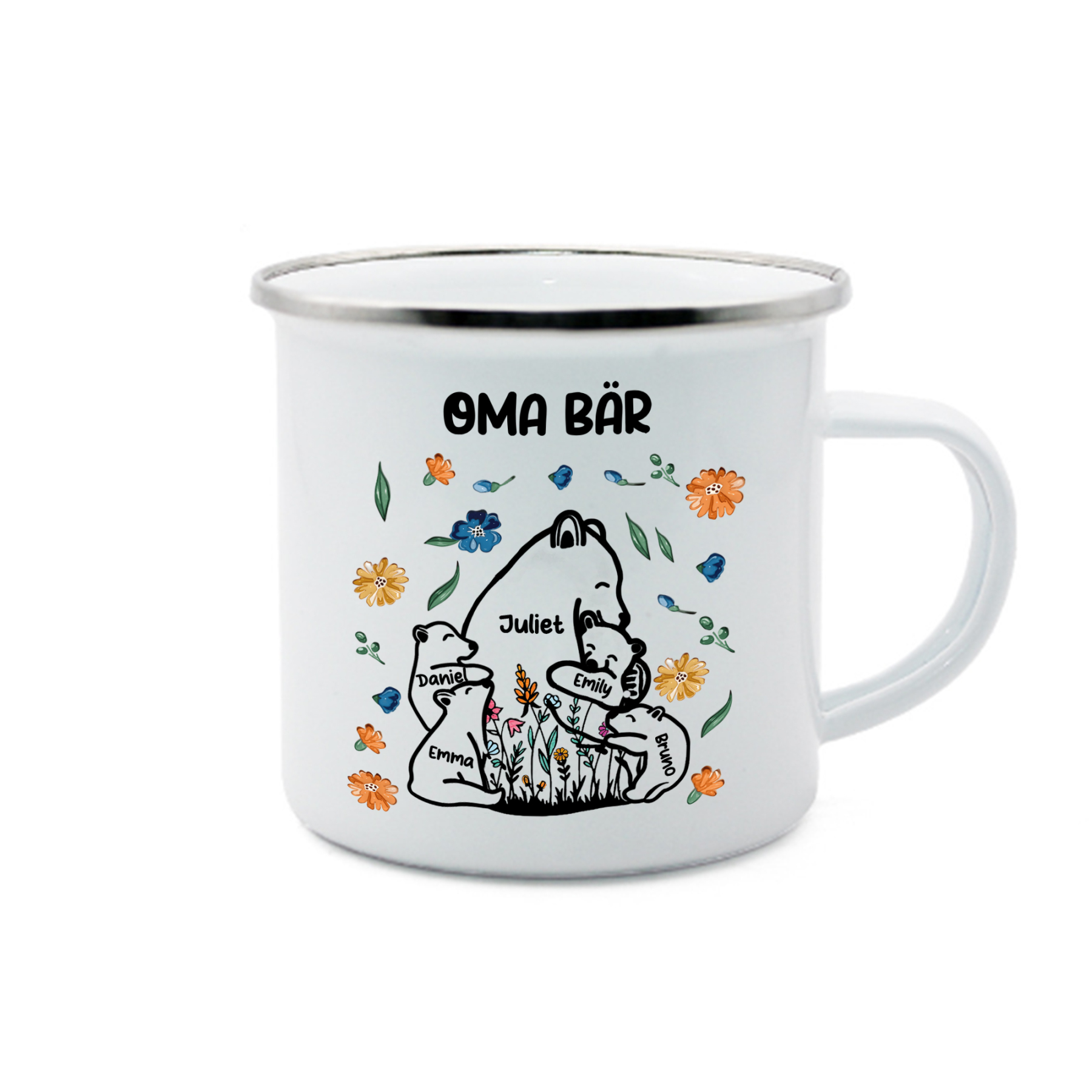 Personalisierte 5 Namen & Text Bären-Emaille Tasse - Geschenk zum Großelterntag für Oma Großmutter
