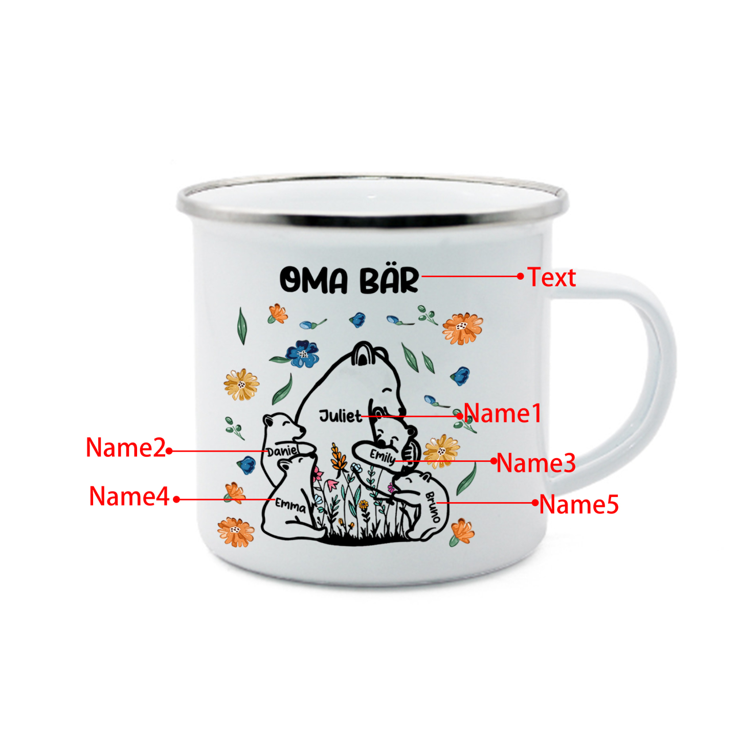Personalisierte 5 Namen & Text Bären-Emaille Tasse - Geschenk zum Großelterntag für Oma Großmutter