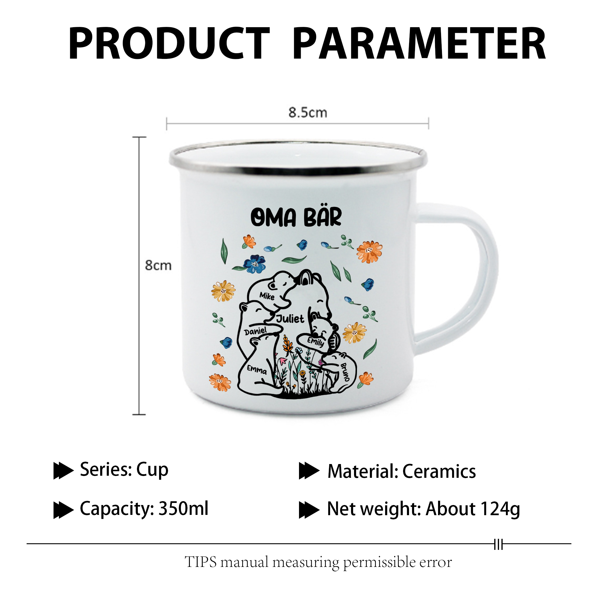Personalisierte 6 Namen & Text Bären-Emaille Tasse - Geschenk zum Großelterntag für Oma Großmutter