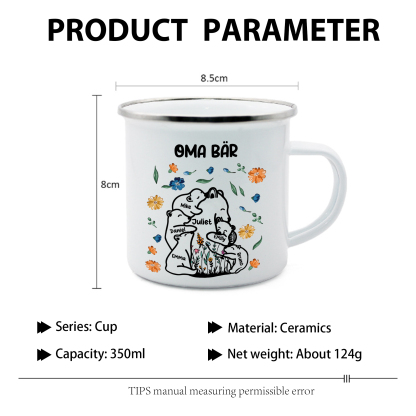 Personalisierte 6 Namen & Text Bären-Emaille Tasse - Geschenk zum Großelterntag für Oma Großmutter