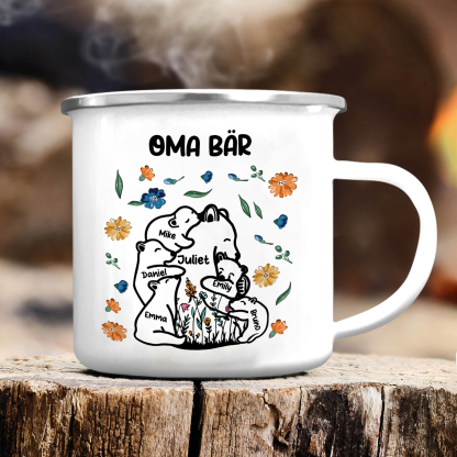 Personalisierte 6 Namen & Text Bären-Emaille Tasse - Geschenk zum Großelterntag für Oma Großmutter