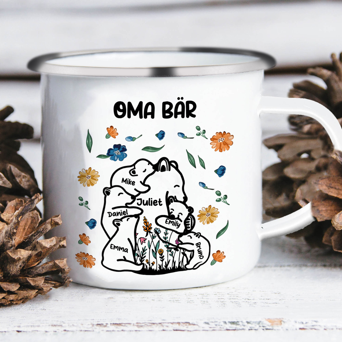 Personalisierte 6 Namen & Text Bären-Emaille Tasse - Geschenk zum Großelterntag für Oma Großmutter