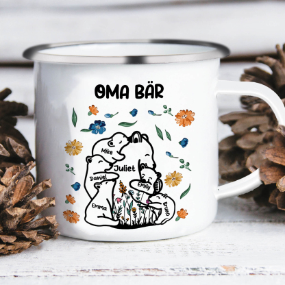 Personalisierte 6 Namen & Text Bären-Emaille Tasse - Geschenk zum Großelterntag für Oma Großmutter