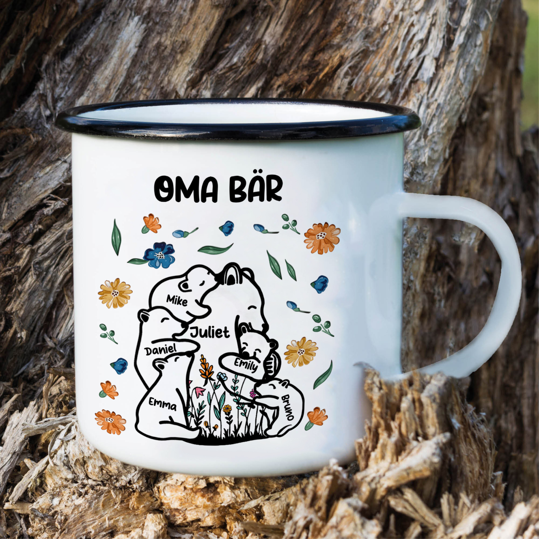 Personalisierte 6 Namen & Text Bären-Emaille Tasse - Geschenk zum Großelterntag für Oma Großmutter