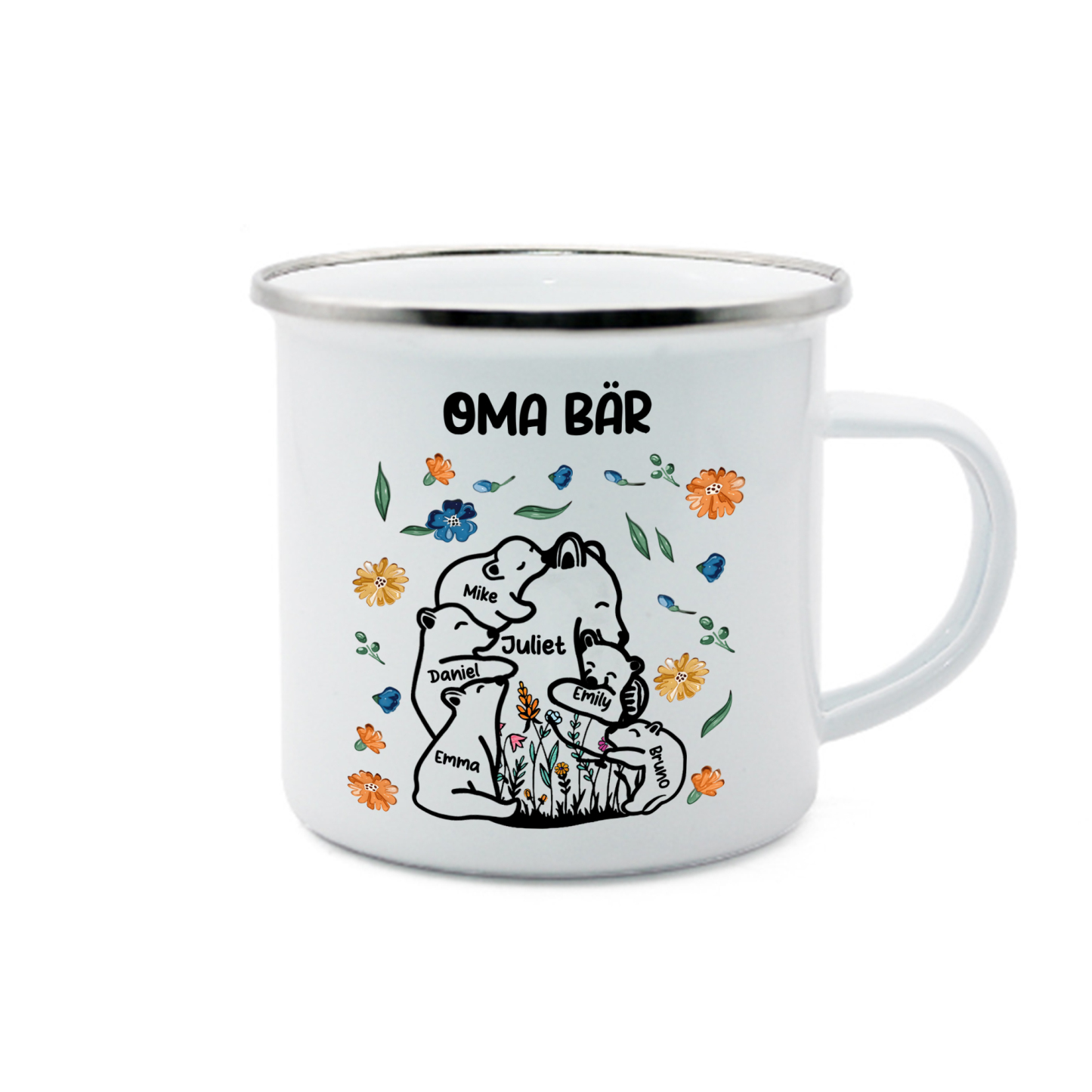 Personalisierte 6 Namen & Text Bären-Emaille Tasse - Geschenk zum Großelterntag für Oma Großmutter