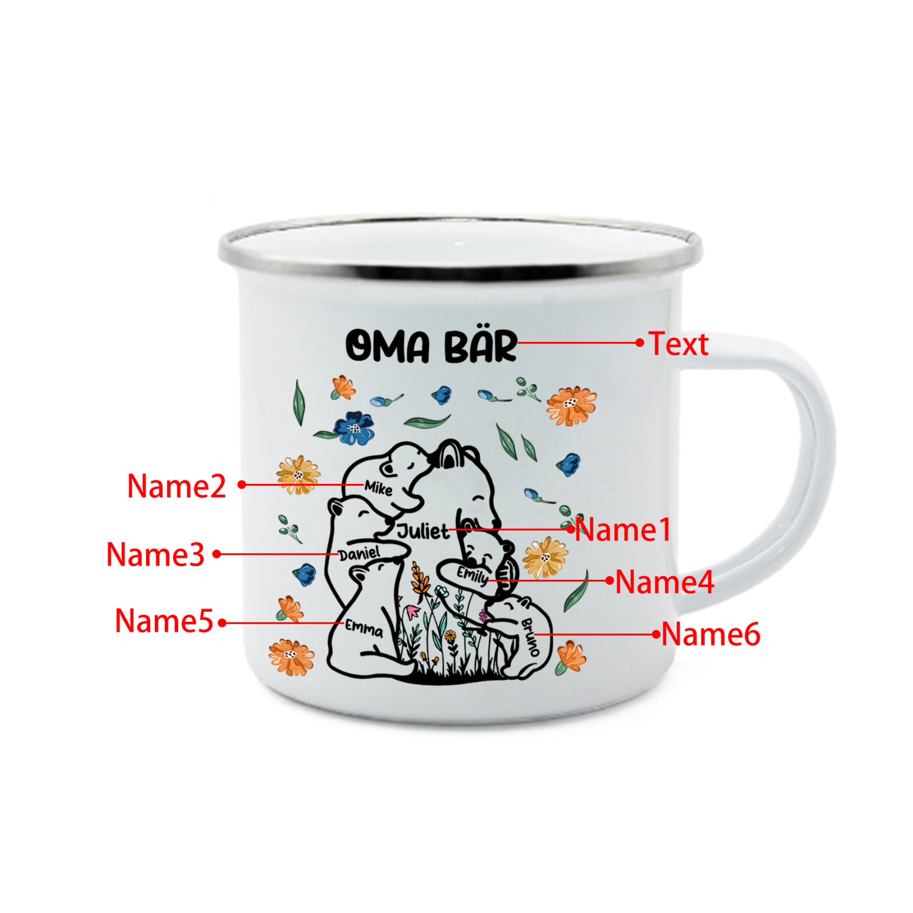 Personalisierte 6 Namen & Text Bären-Emaille Tasse - Geschenk zum Großelterntag für Oma Großmutter