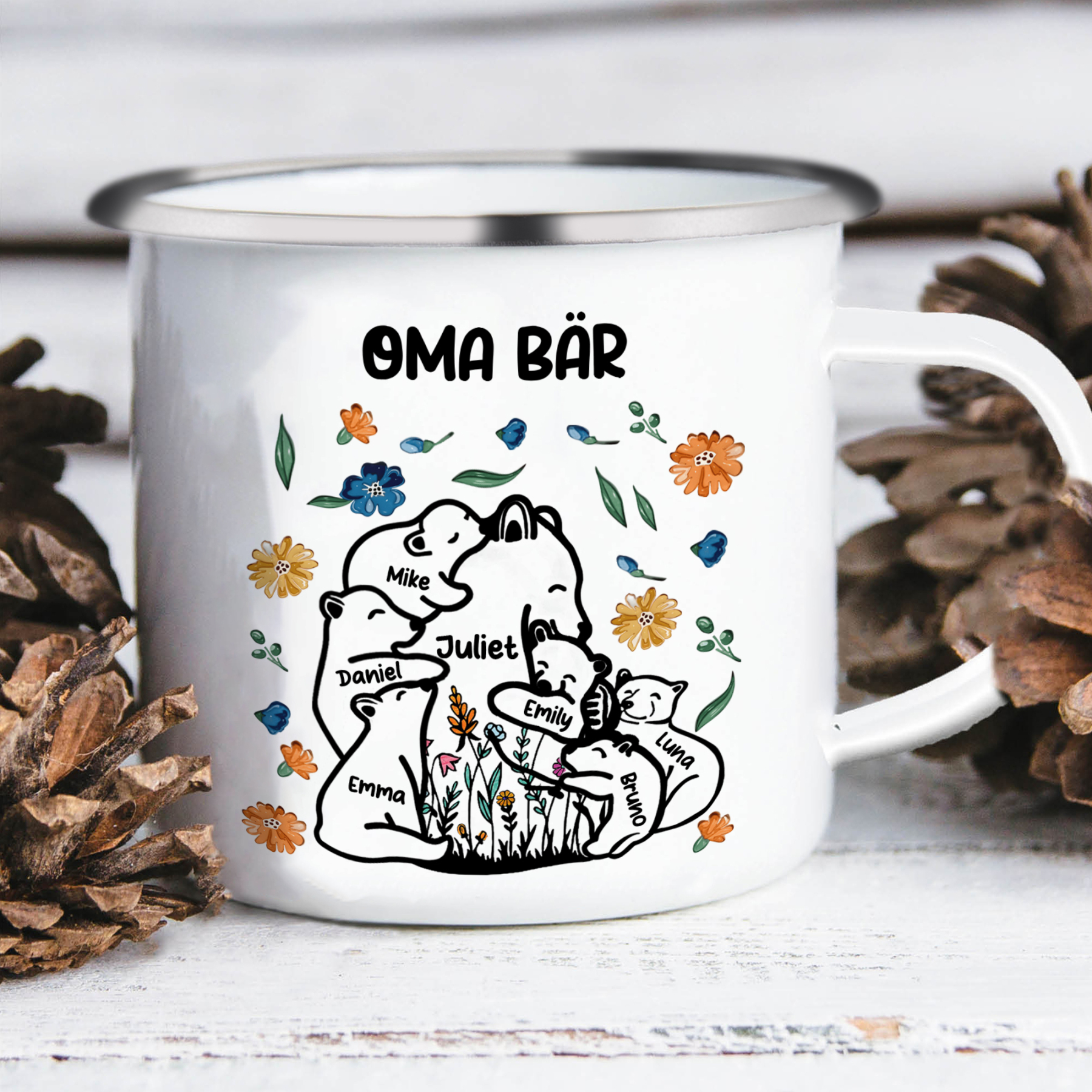 Personalisierte 7 Namen & Text Bären-Emaille Tasse - Geschenk zum Großelterntag für Oma Großmutter