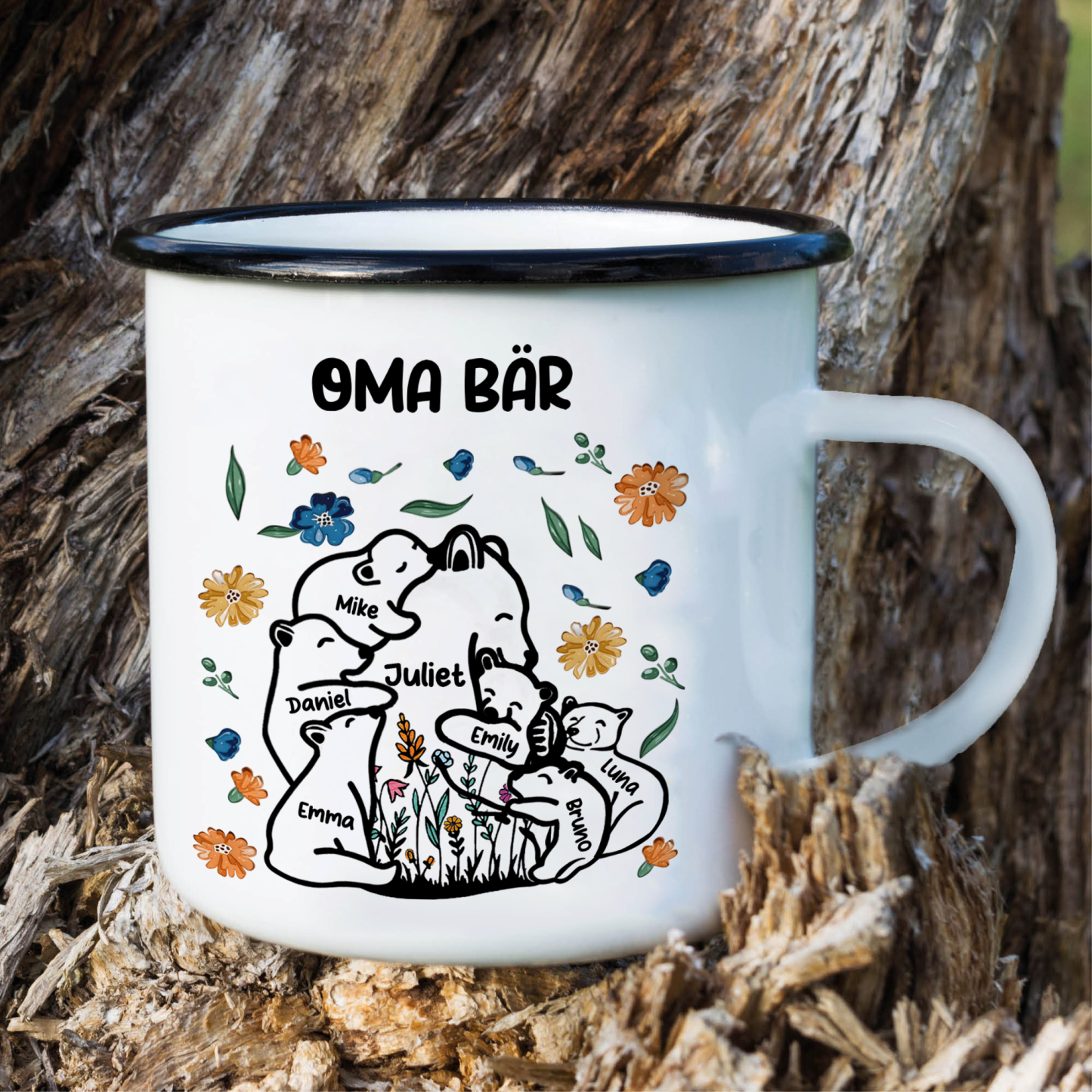 Personalisierte 7 Namen & Text Bären-Emaille Tasse - Geschenk zum Großelterntag für Oma Großmutter