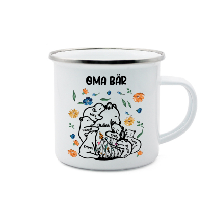 Personalisierte 7 Namen & Text Bären-Emaille Tasse - Geschenk zum Großelterntag für Oma Großmutter