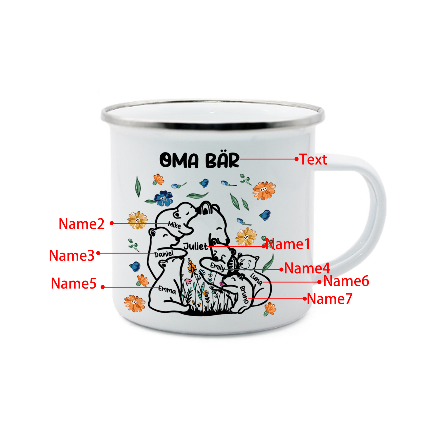Personalisierte 7 Namen & Text Bären-Emaille Tasse - Geschenk zum Großelterntag für Oma Großmutter