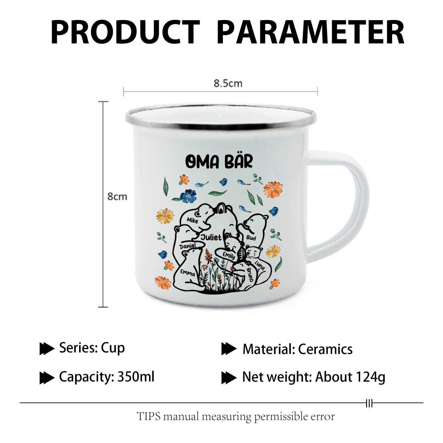 Personalisierte 8 Namen & Text Bären-Emaille Tasse - Geschenk zum Großelterntag für Oma Großmutter