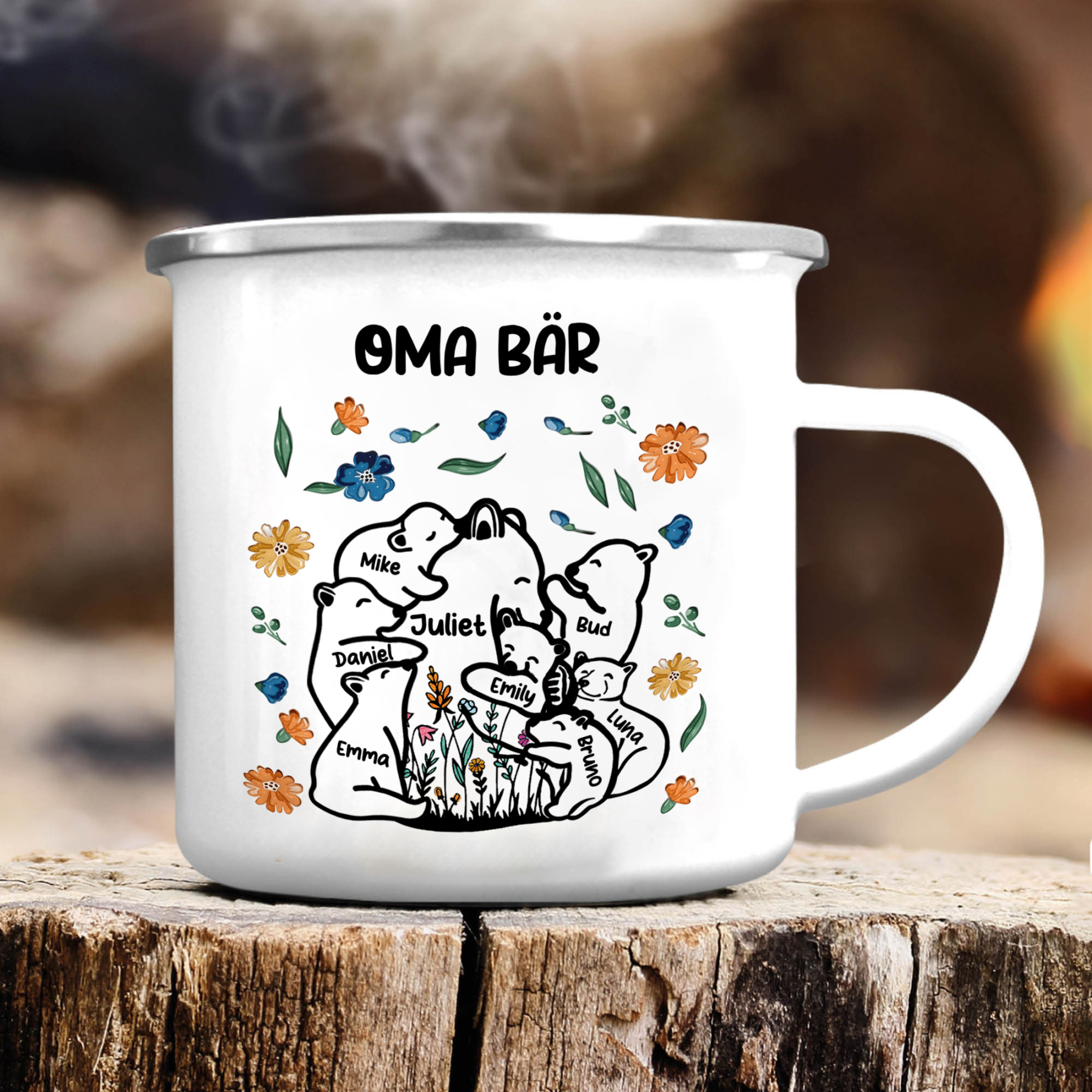 Personalisierte 8 Namen & Text Bären-Emaille Tasse - Geschenk zum Großelterntag für Oma Großmutter