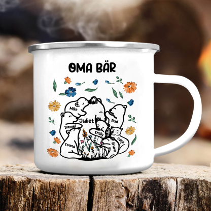 Personalisierte 8 Namen & Text Bären-Emaille Tasse - Geschenk zum Großelterntag für Oma Großmutter