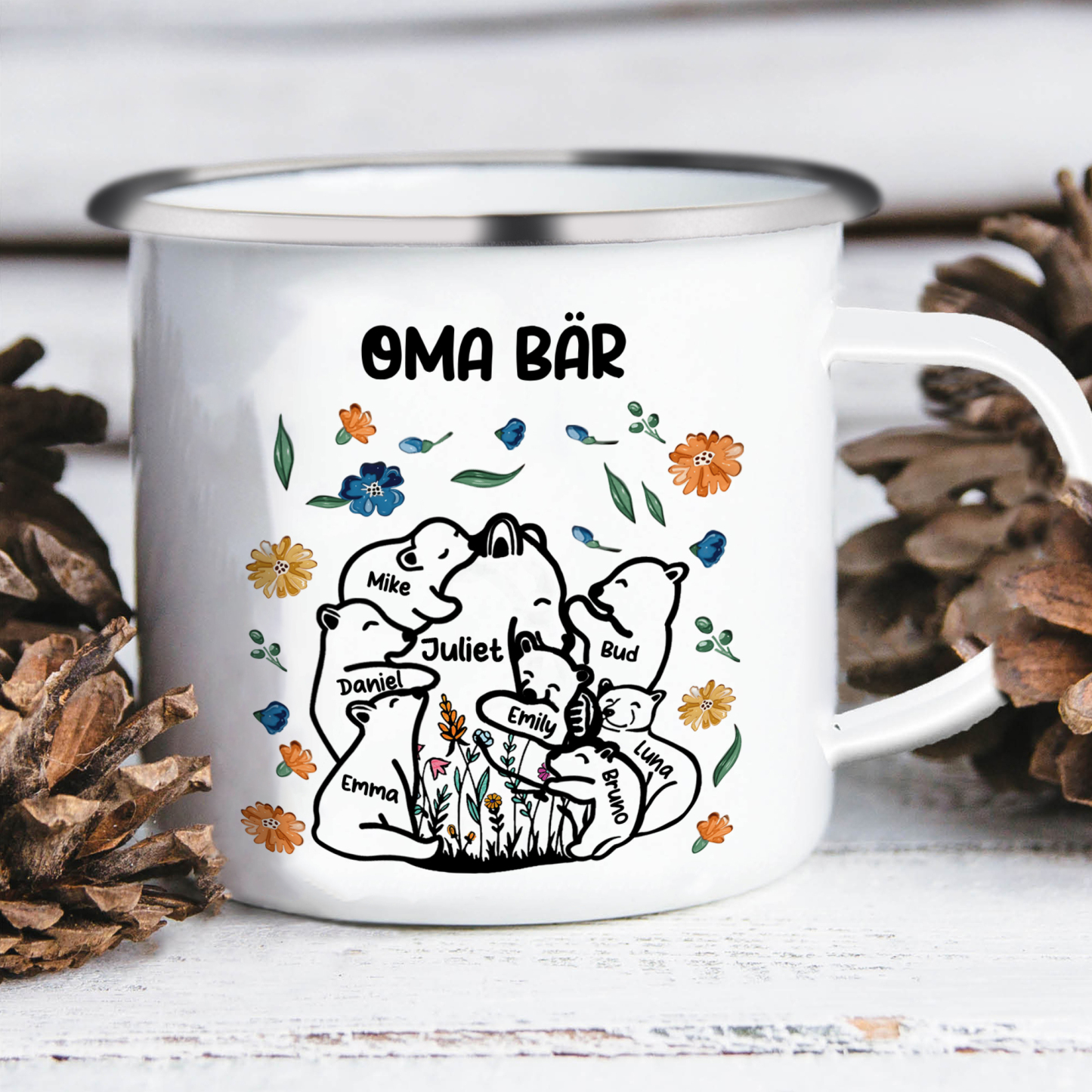 Personalisierte 8 Namen & Text Bären-Emaille Tasse - Geschenk zum Großelterntag für Oma Großmutter