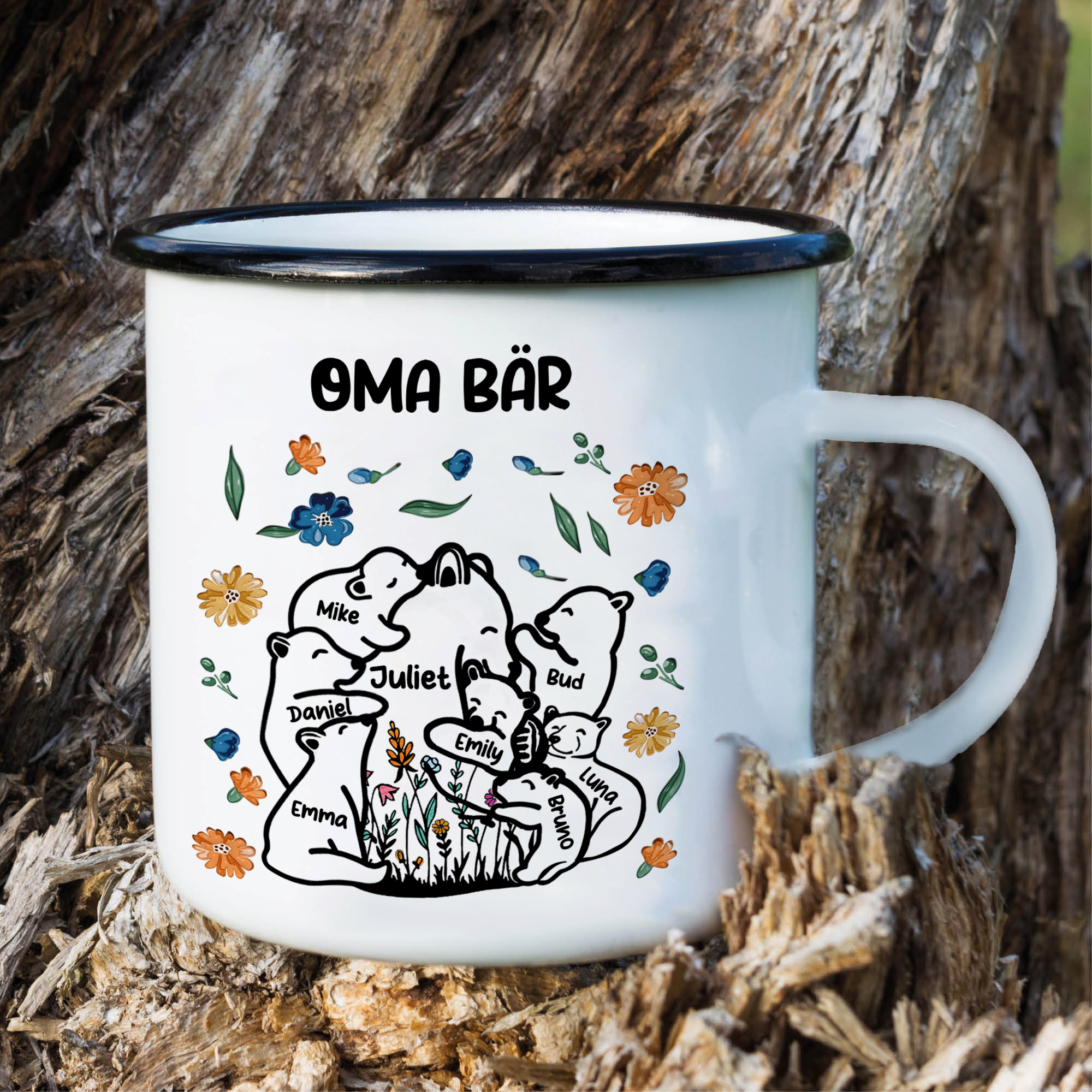 Personalisierte 8 Namen & Text Bären-Emaille Tasse - Geschenk zum Großelterntag für Oma Großmutter