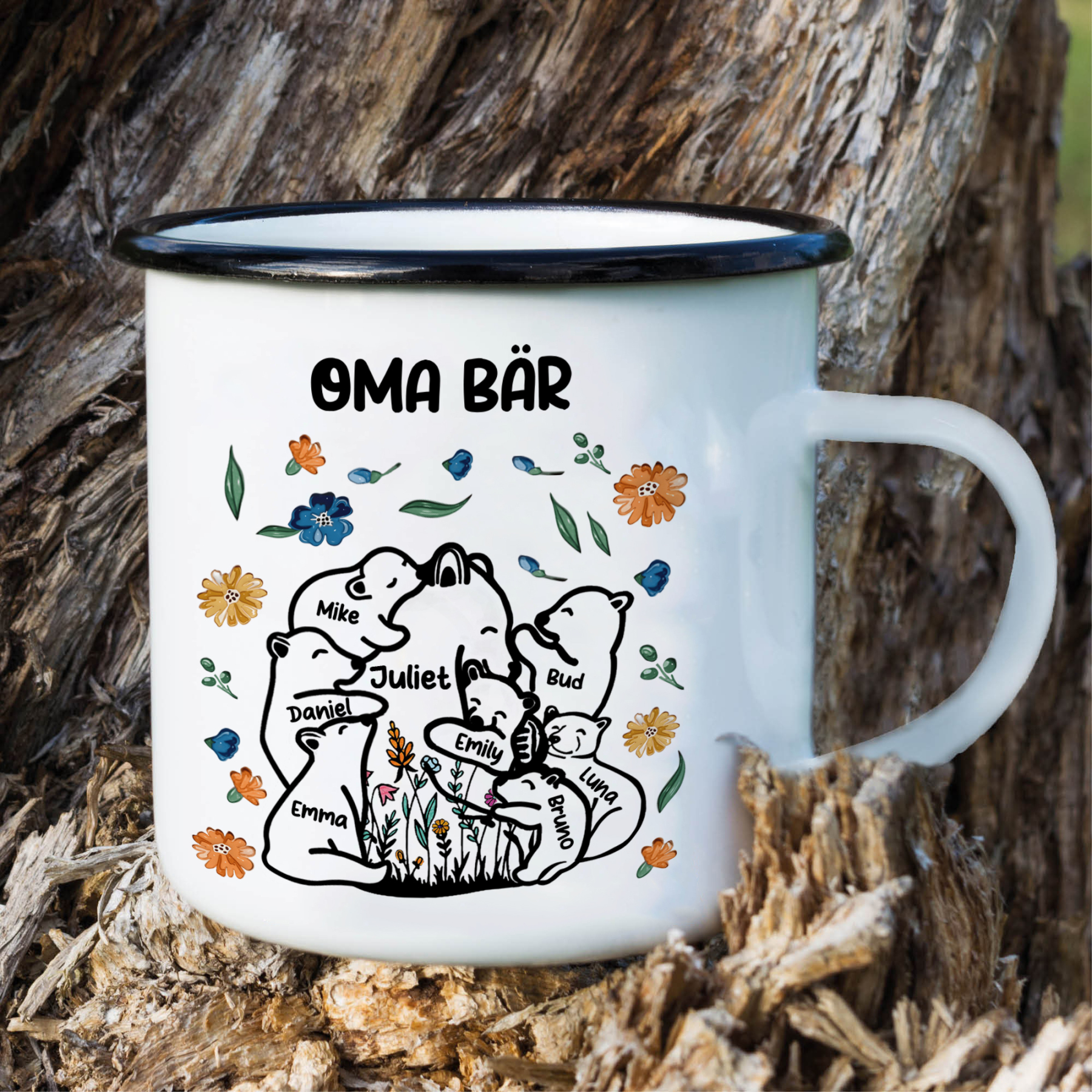 Personalisierte 8 Namen & Text Bären-Emaille Tasse - Geschenk zum Großelterntag für Oma Großmutter