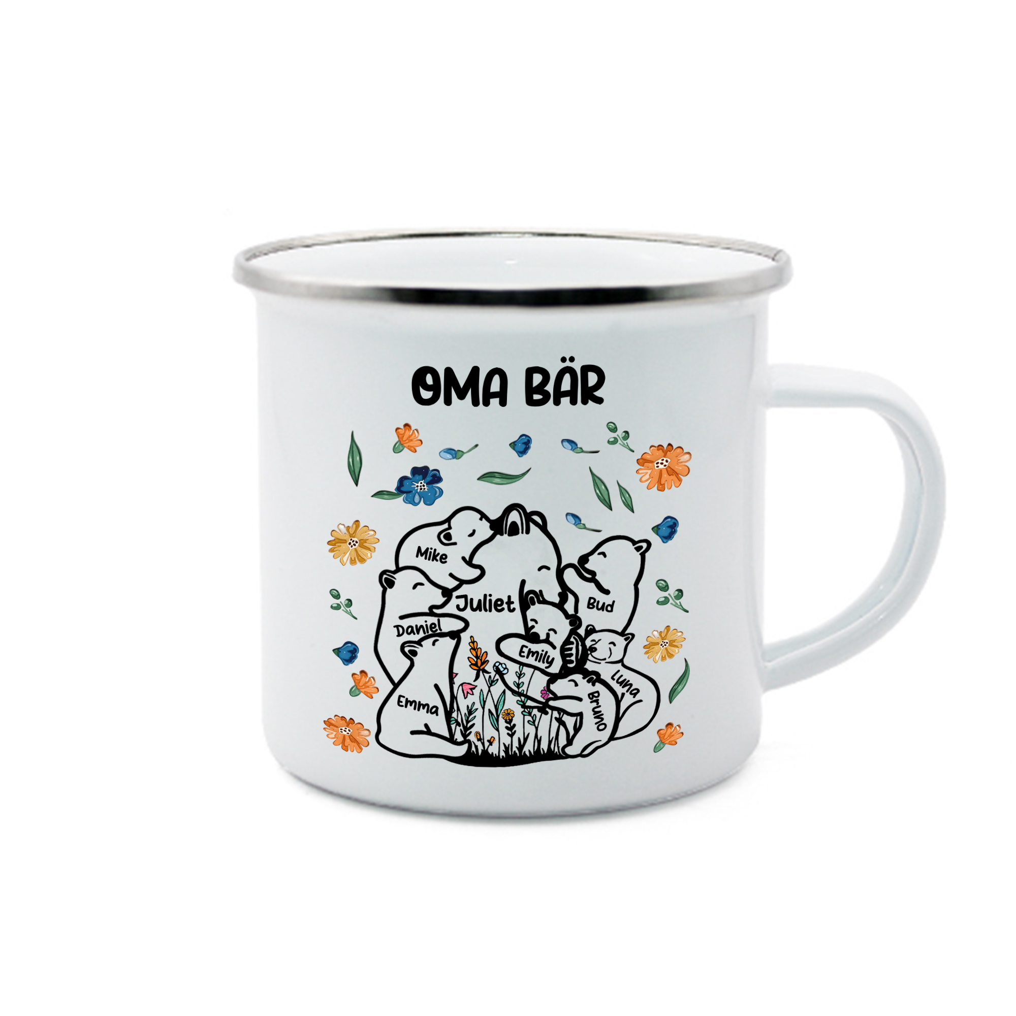 Personalisierte 8 Namen & Text Bären-Emaille Tasse - Geschenk zum Großelterntag für Oma Großmutter