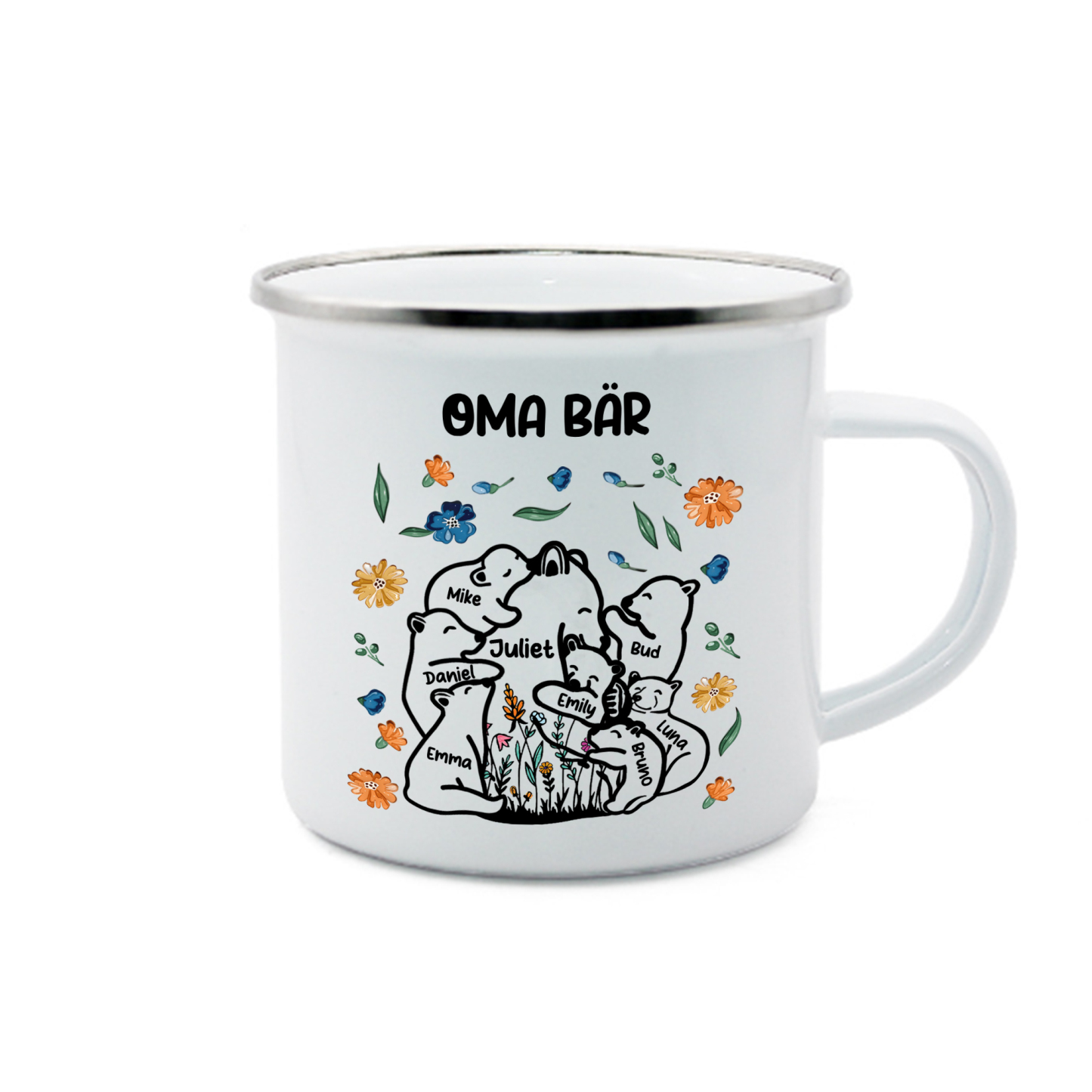 Personalisierte 8 Namen & Text Bären-Emaille Tasse - Geschenk zum Großelterntag für Oma Großmutter