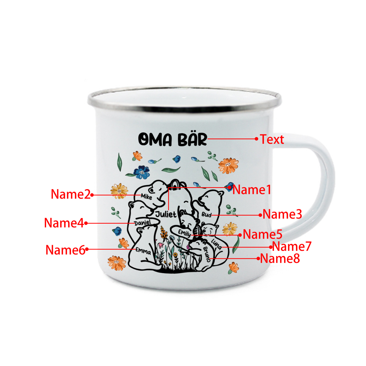 Personalisierte 8 Namen & Text Bären-Emaille Tasse - Geschenk zum Großelterntag für Oma Großmutter