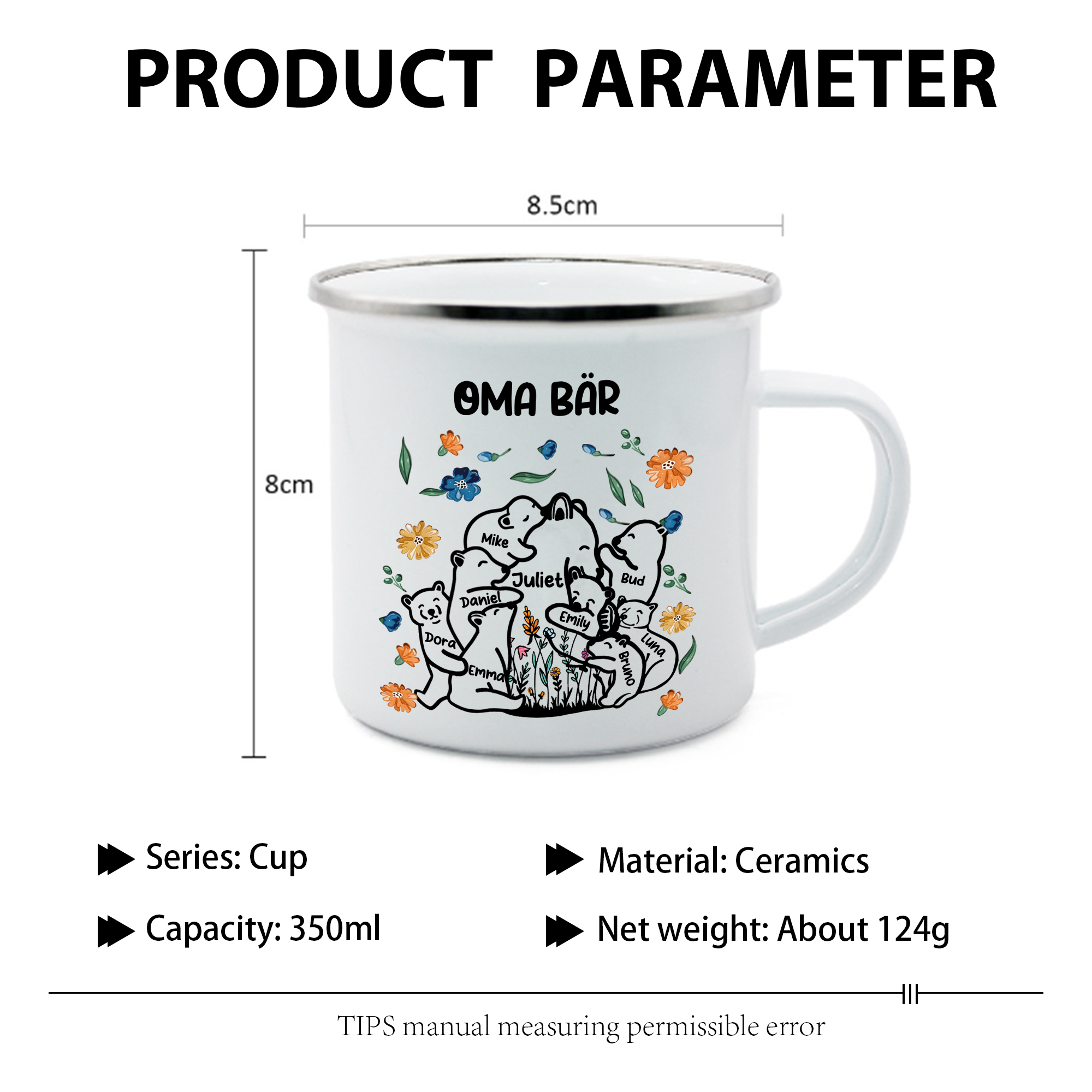 Personalisierte 9 Namen & Text Bären-Emaille Tasse - Geschenk zum Großelterntag für Oma Großmutter