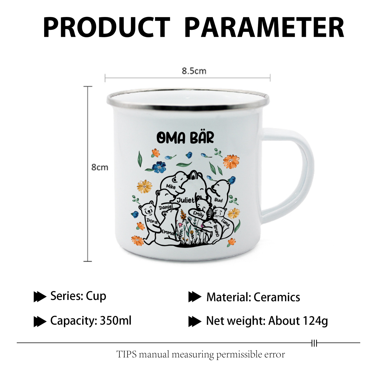 Personalisierte 9 Namen & Text Bären-Emaille Tasse - Geschenk zum Großelterntag für Oma Großmutter