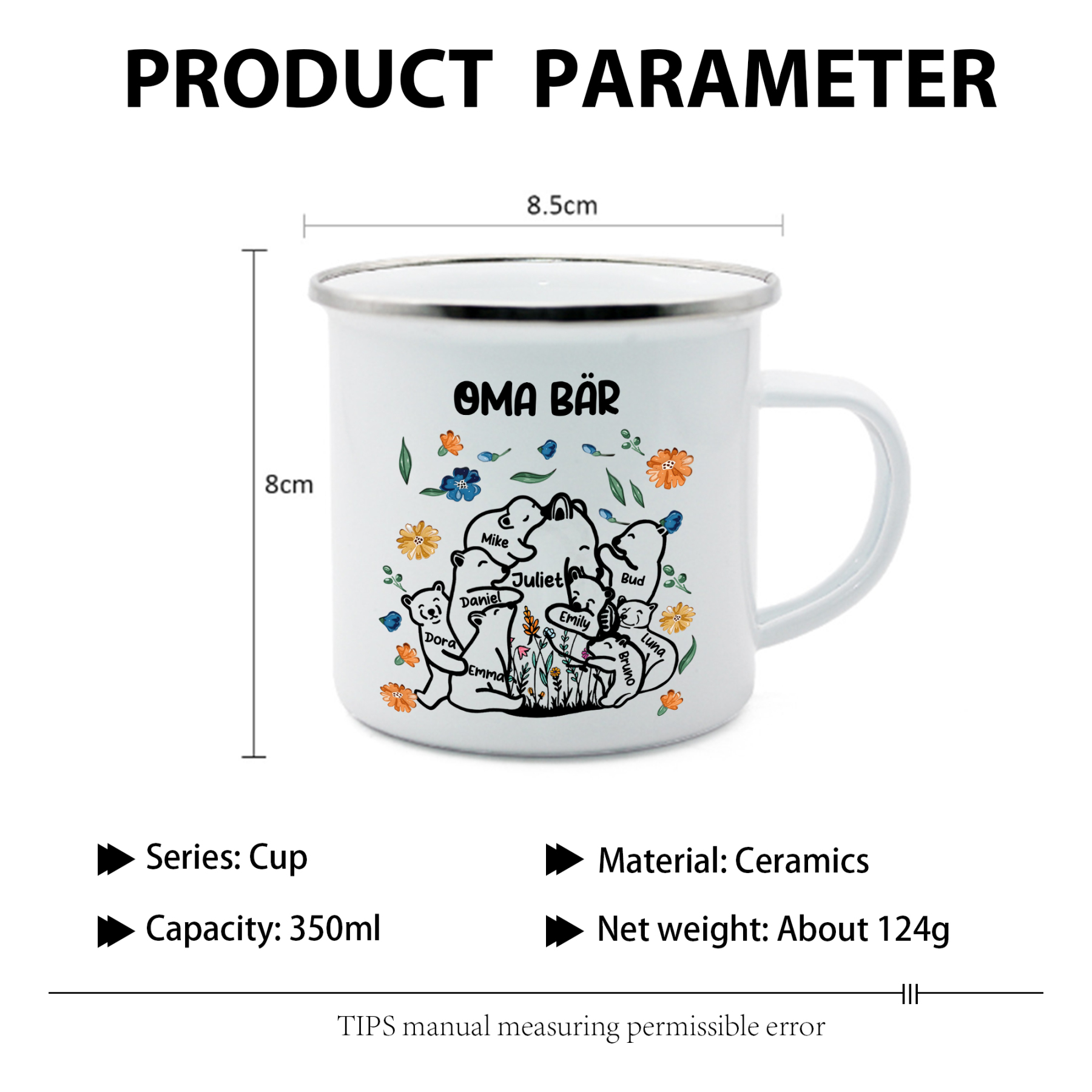 Personalisierte 9 Namen & Text Bären-Emaille Tasse - Geschenk zum Großelterntag für Oma Großmutter