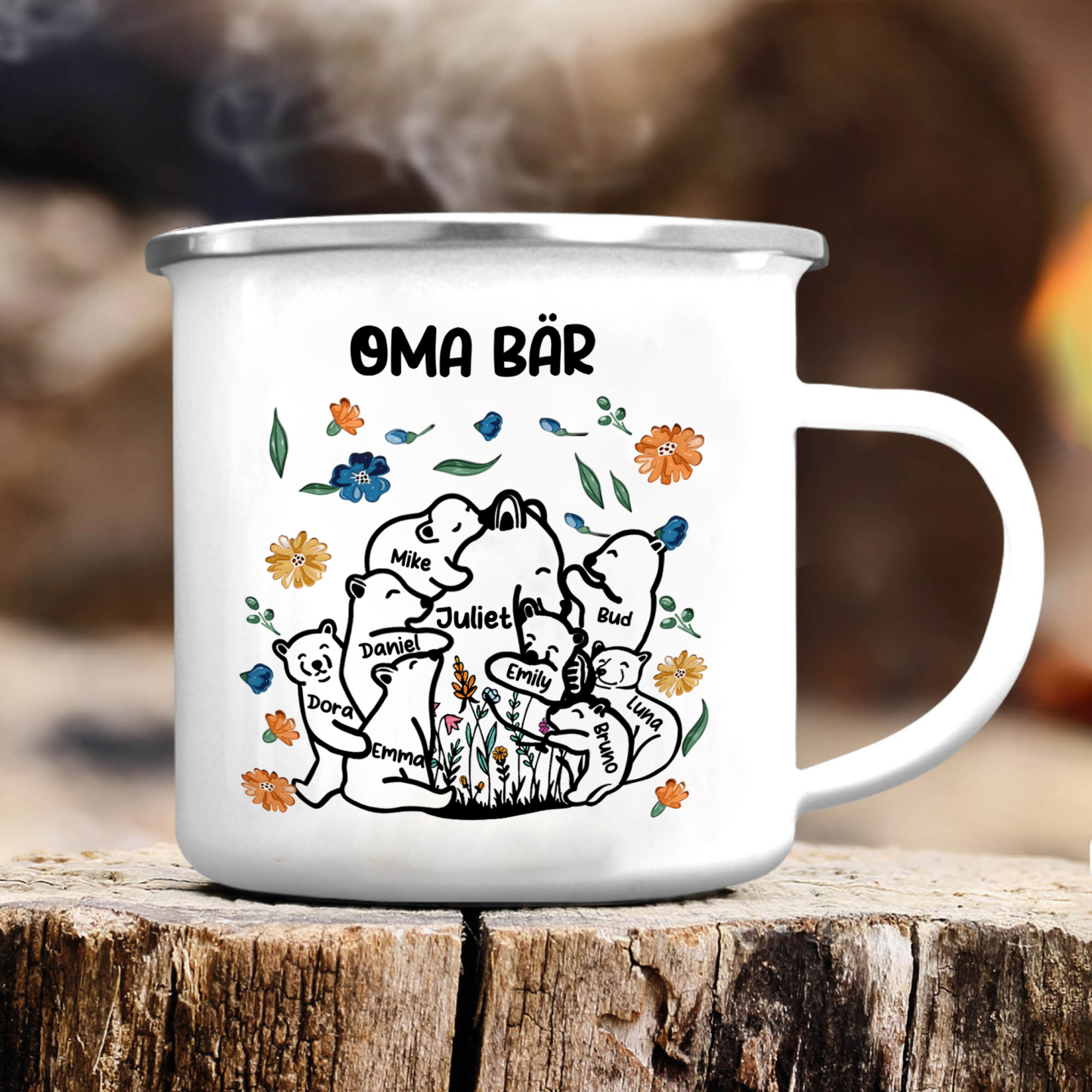 Personalisierte 9 Namen & Text Bären-Emaille Tasse - Geschenk zum Großelterntag für Oma Großmutter