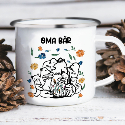 Personalisierte 9 Namen & Text Bären-Emaille Tasse - Geschenk zum Großelterntag für Oma Großmutter