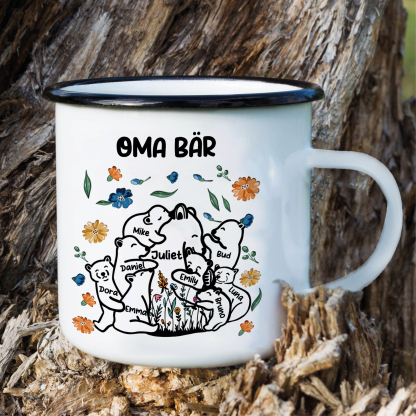 Personalisierte 9 Namen & Text Bären-Emaille Tasse - Geschenk zum Großelterntag für Oma Großmutter