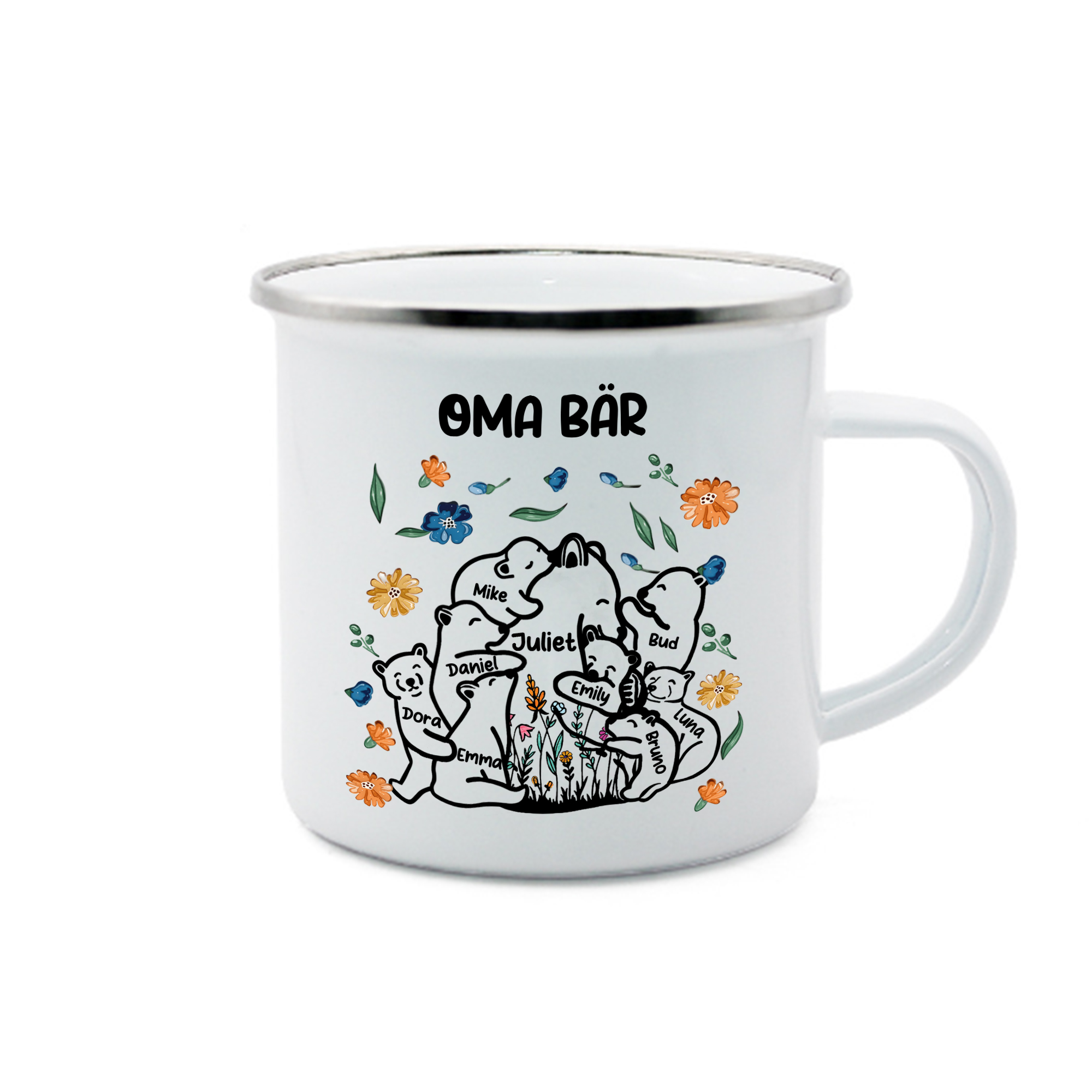 Personalisierte 9 Namen & Text Bären-Emaille Tasse - Geschenk zum Großelterntag für Oma Großmutter
