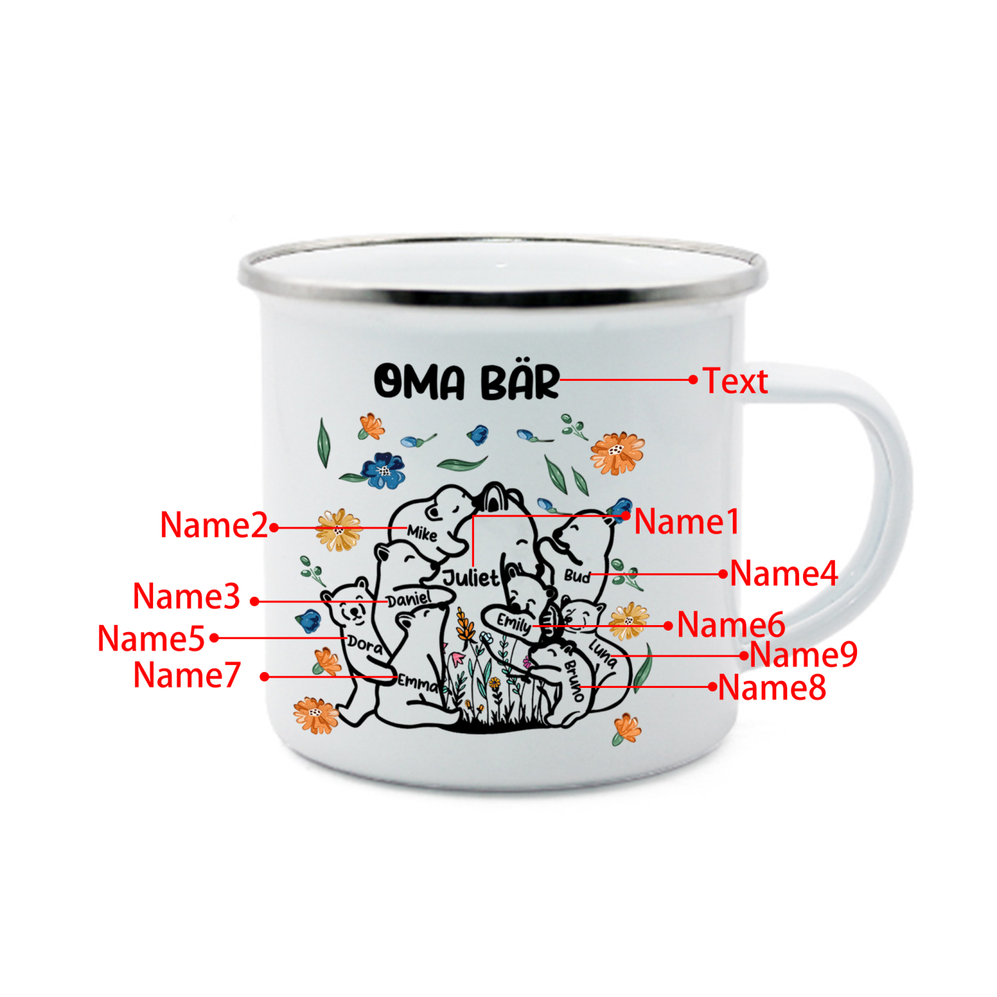 Personalisierte 9 Namen & Text Bären-Emaille Tasse - Geschenk zum Großelterntag für Oma Großmutter