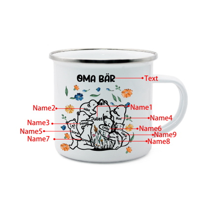 Personalisierte 9 Namen & Text Bären-Emaille Tasse - Geschenk zum Großelterntag für Oma Großmutter