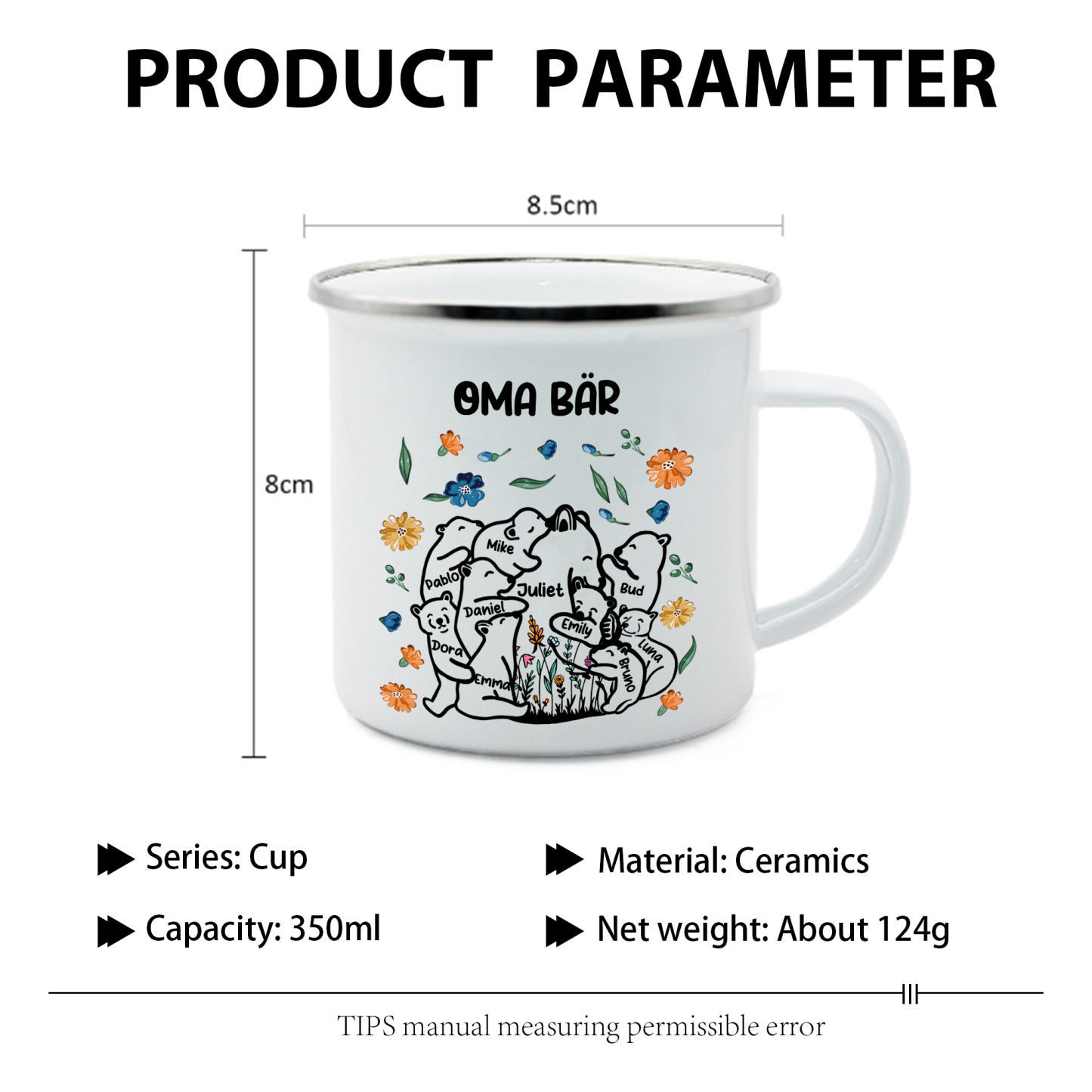 Personalisierte 10 Namen & Text Bären-Emaille Tasse - Geschenk zum Großelterntag für Oma Großmutter