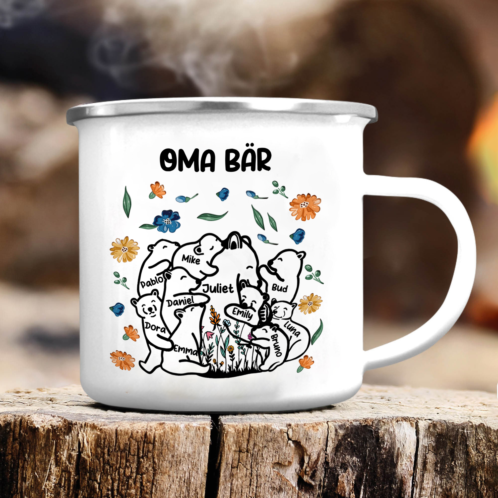 Personalisierte 10 Namen & Text Bären-Emaille Tasse - Geschenk zum Großelterntag für Oma Großmutter