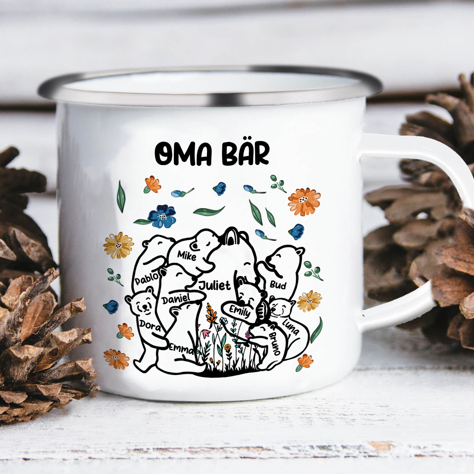 Personalisierte 10 Namen & Text Bären-Emaille Tasse - Geschenk zum Großelterntag für Oma Großmutter