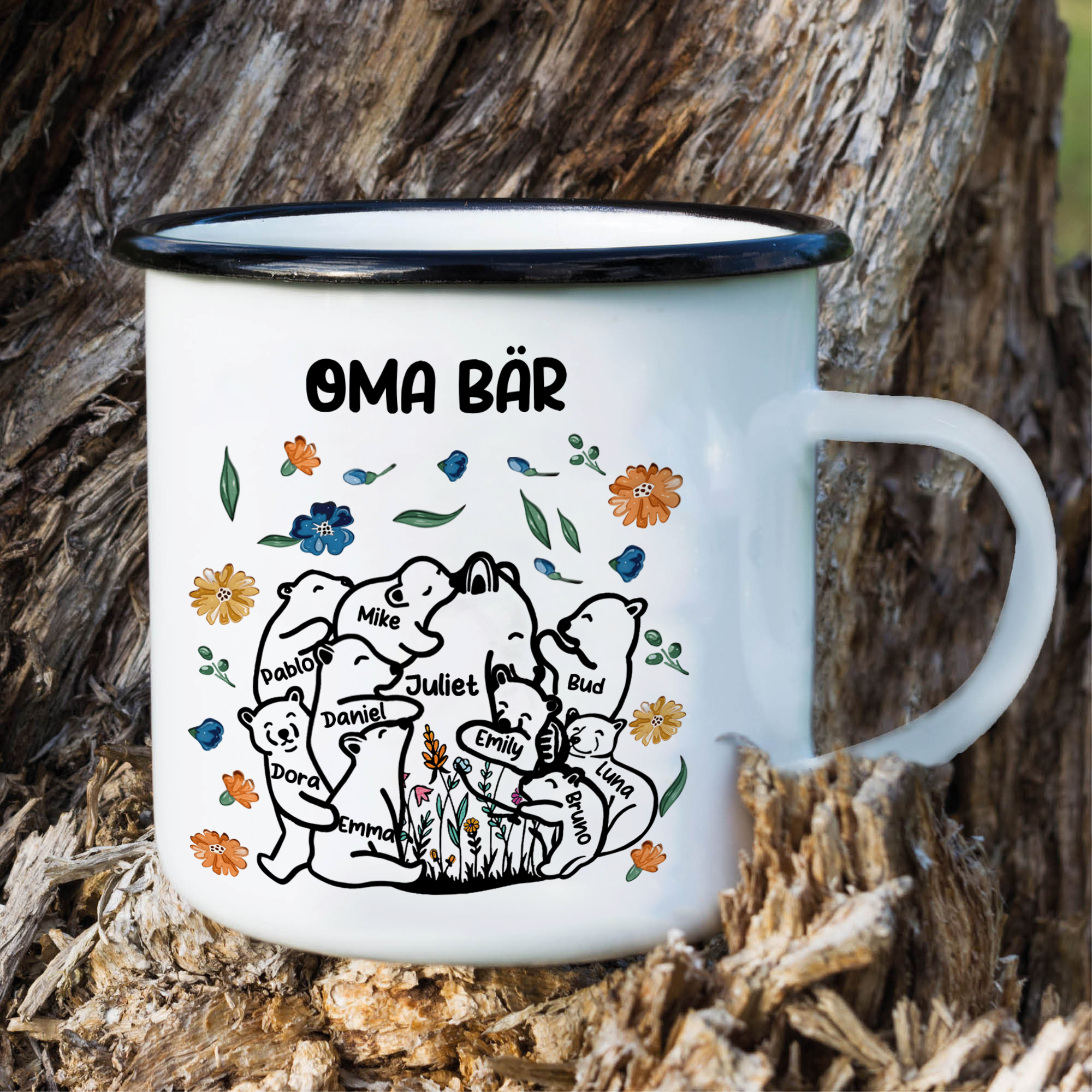 Personalisierte 10 Namen & Text Bären-Emaille Tasse - Geschenk zum Großelterntag für Oma Großmutter