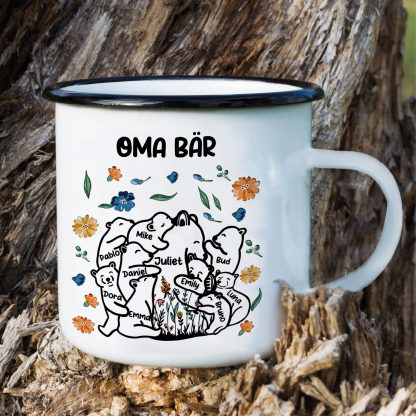 Personalisierte 10 Namen & Text Bären-Emaille Tasse - Geschenk zum Großelterntag für Oma Großmutter