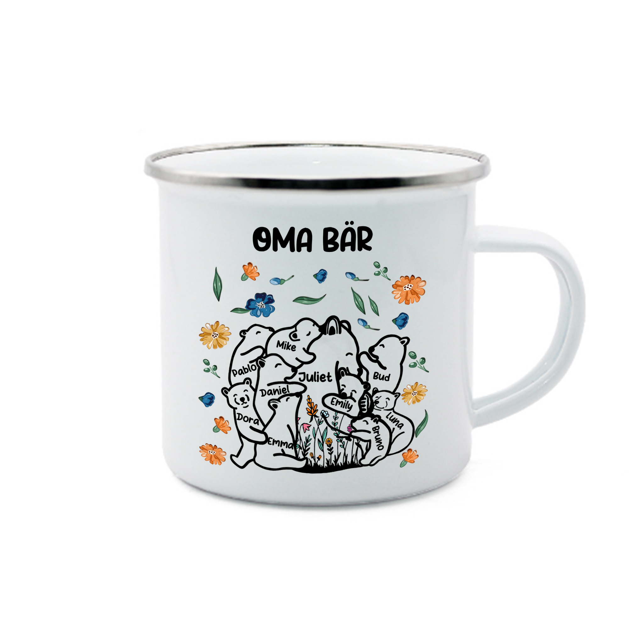 Personalisierte 10 Namen & Text Bären-Emaille Tasse - Geschenk zum Großelterntag für Oma Großmutter