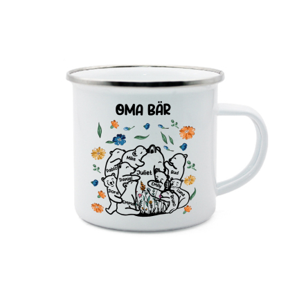 Personalisierte 10 Namen & Text Bären-Emaille Tasse - Geschenk zum Großelterntag für Oma Großmutter