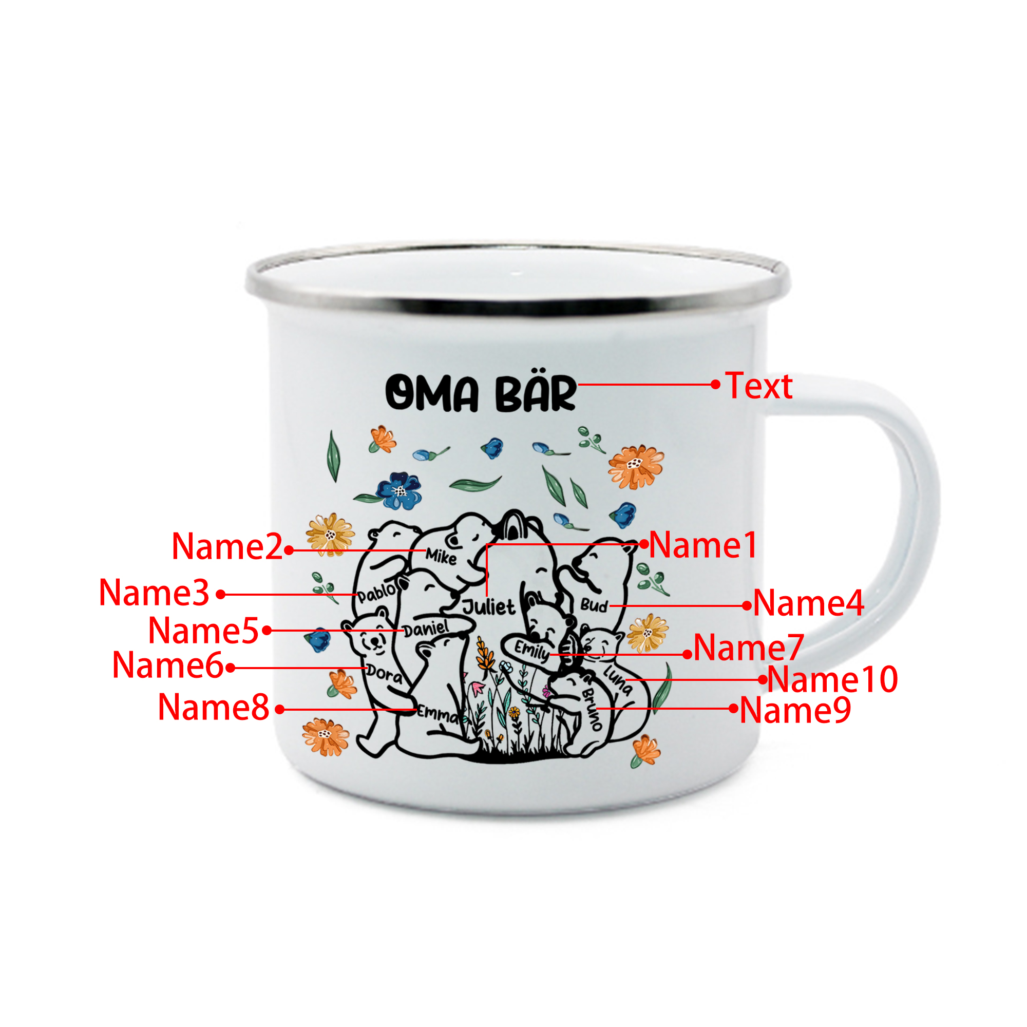 Personalisierte 10 Namen & Text Bären-Emaille Tasse - Geschenk zum Großelterntag für Oma Großmutter