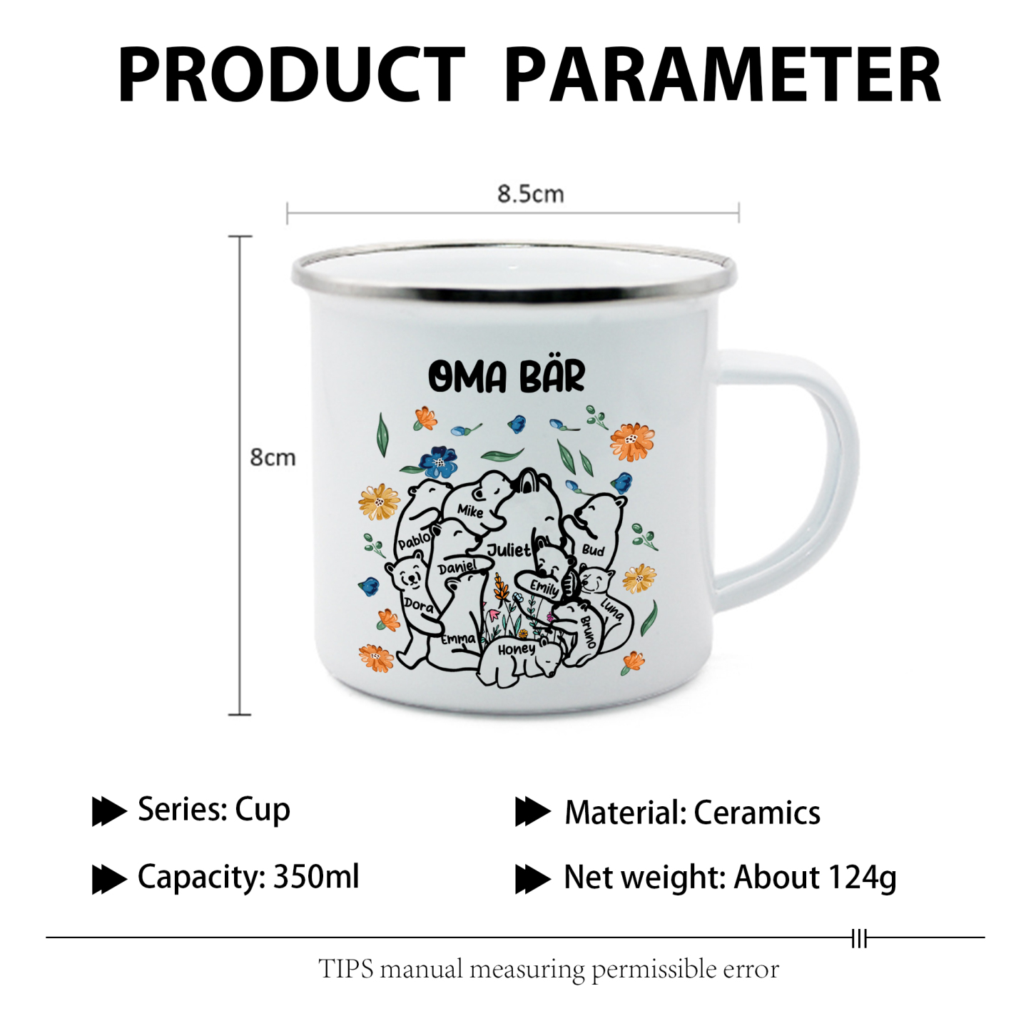 Personalisierte 11 Namen & Text Bären-Emaille Tasse - Geschenk zum Großelterntag für Oma Großmutter
