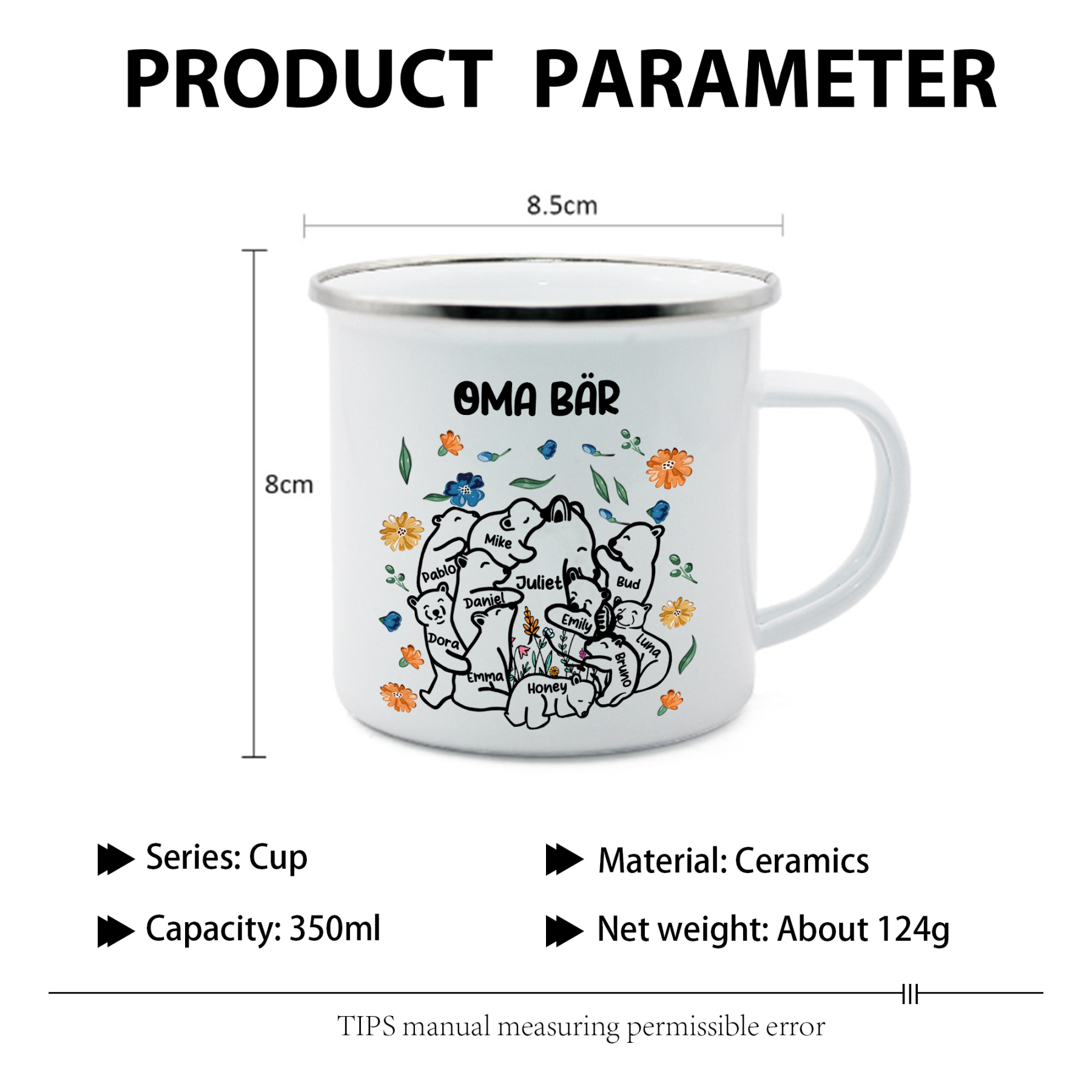Personalisierte 11 Namen & Text Bären-Emaille Tasse - Geschenk zum Großelterntag für Oma Großmutter