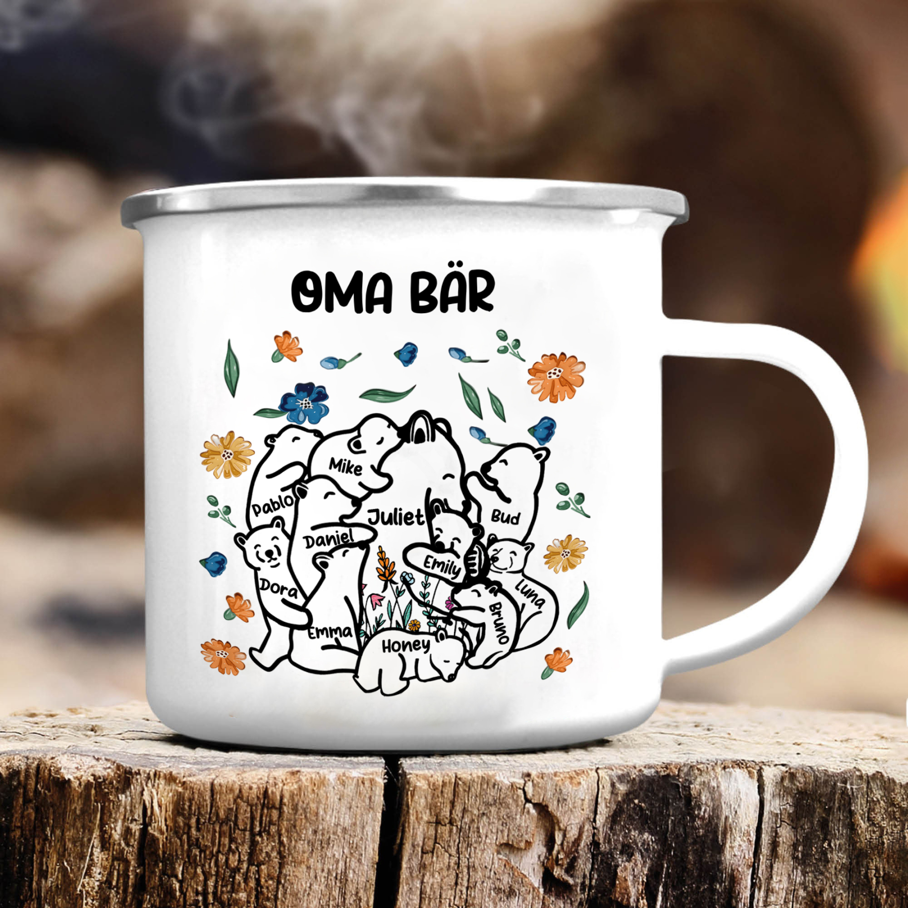 Personalisierte 11 Namen & Text Bären-Emaille Tasse - Geschenk zum Großelterntag für Oma Großmutter
