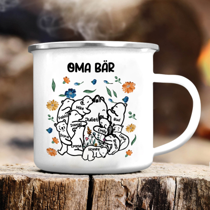 Personalisierte 11 Namen & Text Bären-Emaille Tasse - Geschenk zum Großelterntag für Oma Großmutter