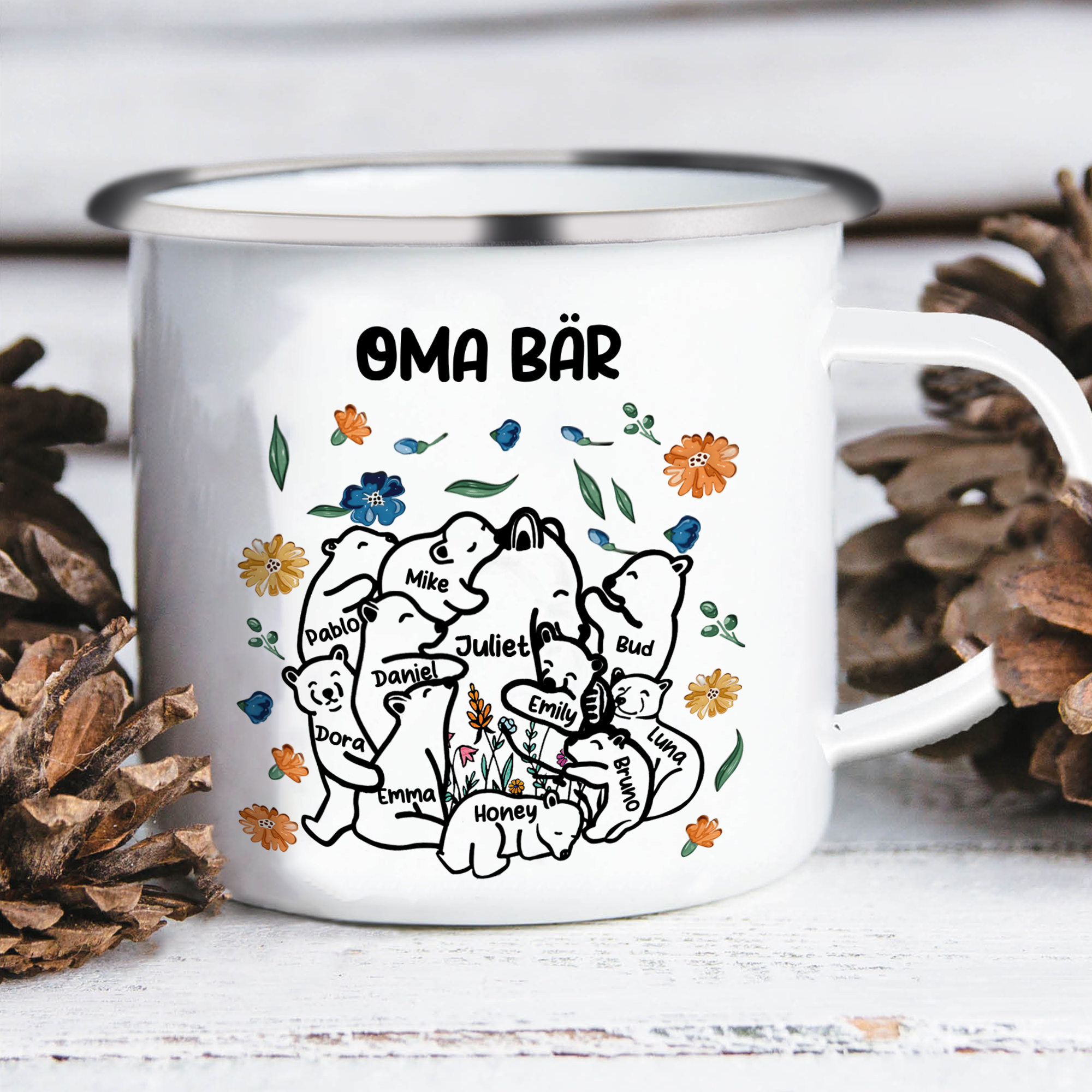 Personalisierte 11 Namen & Text Bären-Emaille Tasse - Geschenk zum Großelterntag für Oma Großmutter