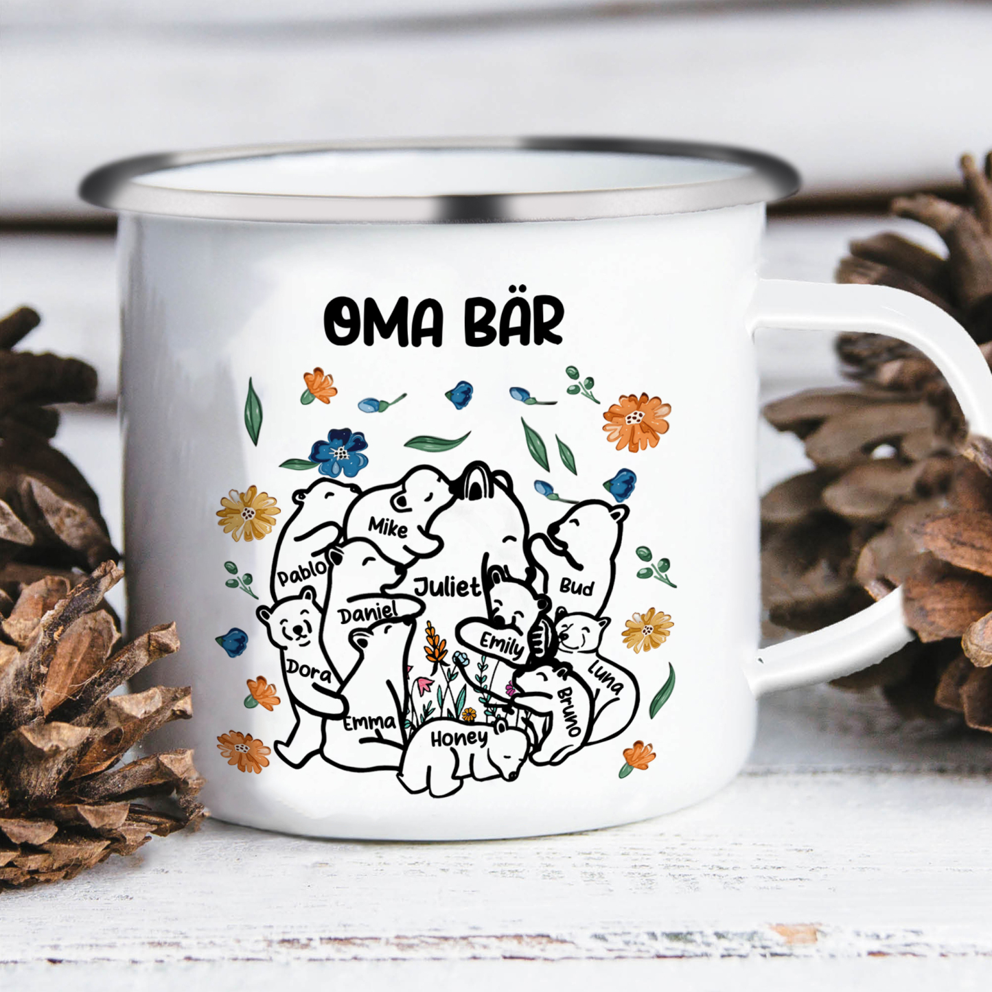 Personalisierte 11 Namen & Text Bären-Emaille Tasse - Geschenk zum Großelterntag für Oma Großmutter